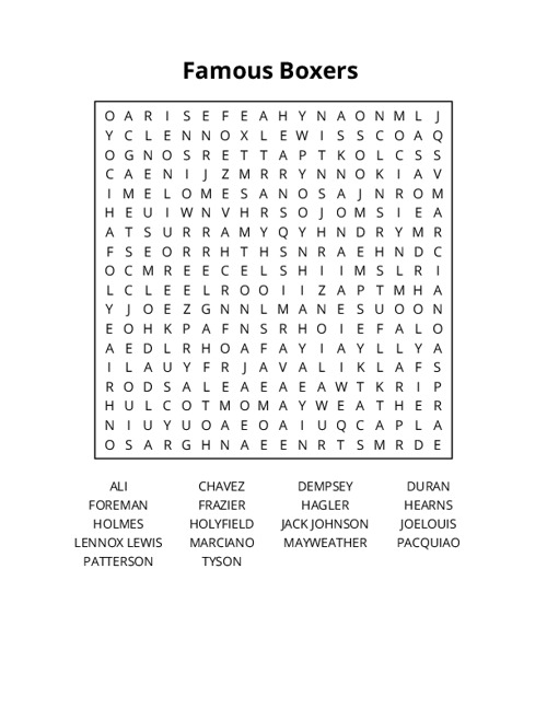 Famous Boxers Word Search Puzzle