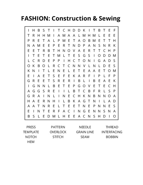 FASHION: Construction & Sewing  Word Search Puzzle