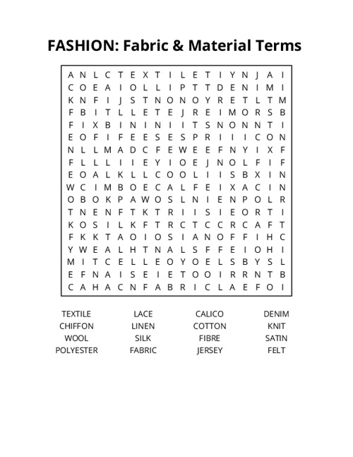 FASHION: Fabric & Material Terms Word Search Puzzle