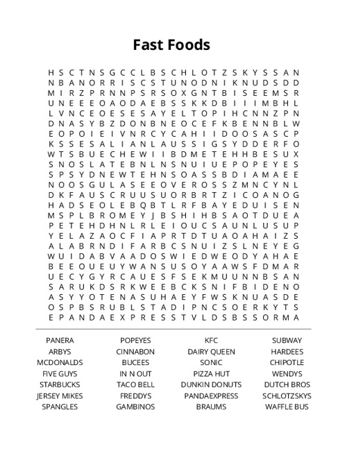 Fast Foods Crossword Puzzle