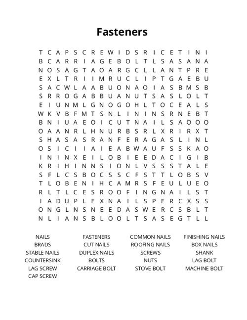 Fasteners Crossword Puzzle