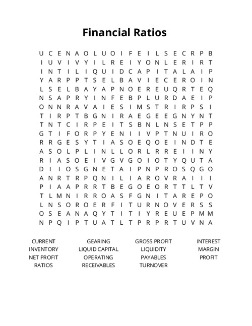 Financial Ratios Word Search Puzzle