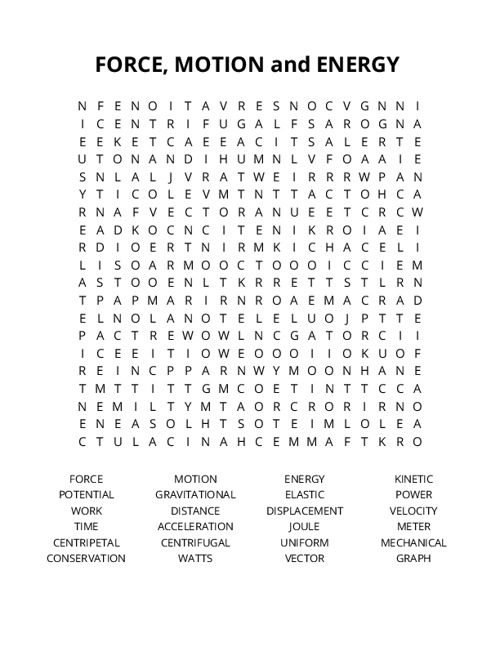 FORCE, MOTION and ENERGY Crossword Puzzle