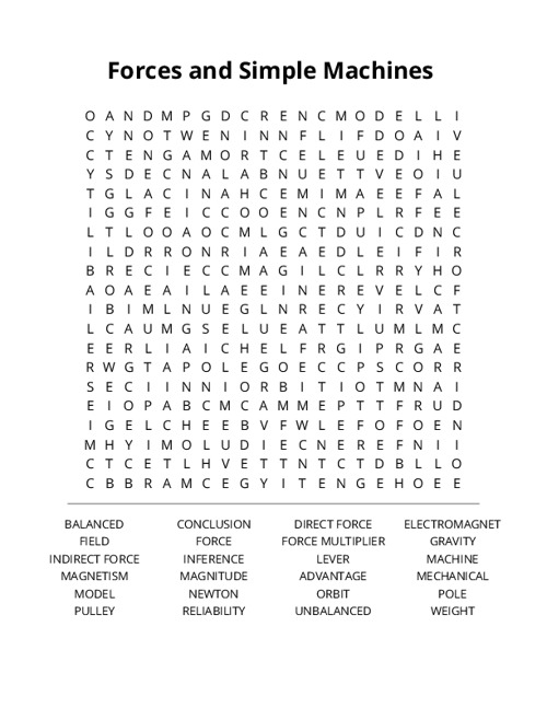 Forces and Simple Machines Word Search Puzzle