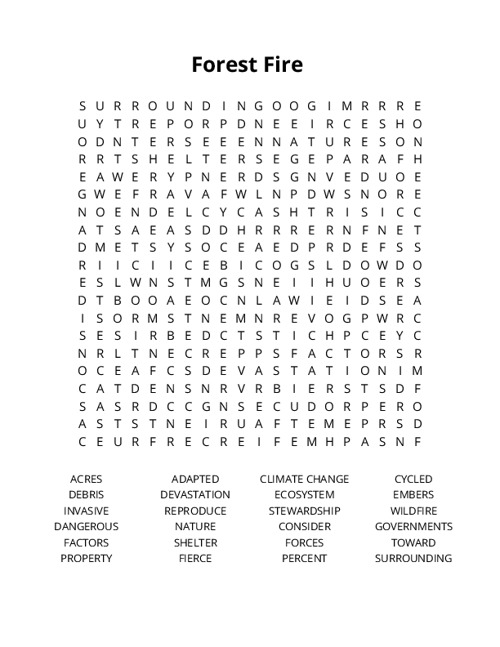 Forest Fire Word Search Puzzle