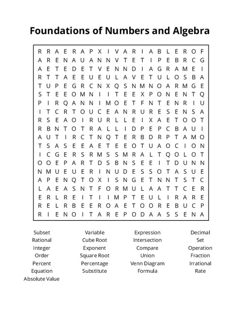 Foundations of Numbers and Algebra Word Search Puzzle