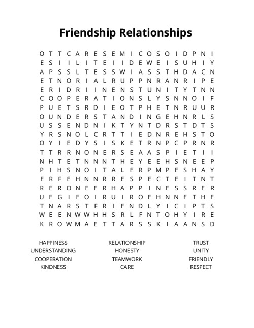 Friendship Relationships  Word Search Puzzle