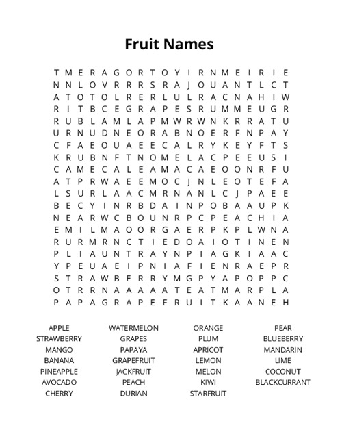 Fruit Names Word Search Puzzle