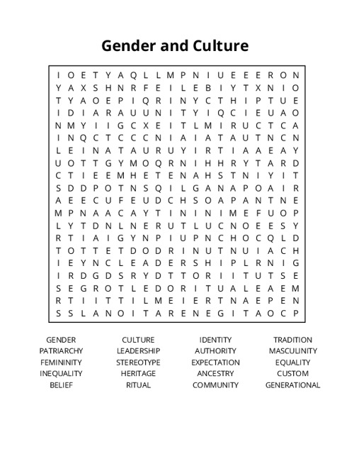 Gender and Culture Word Search Puzzle