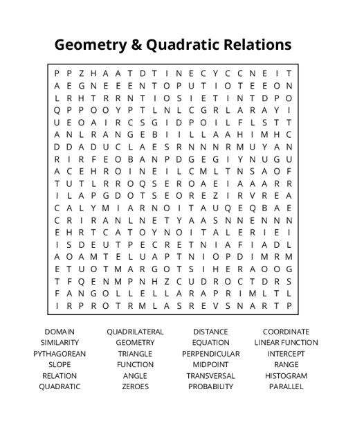 Geometry & Quadratic Relations Word Search Puzzle