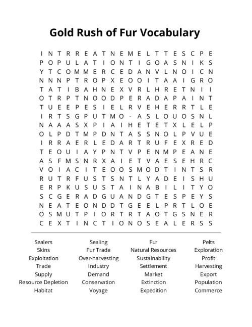 Gold Rush of Fur Vocabulary Crossword Puzzle