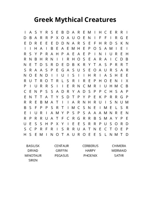 Greek Mythical Creatures Crossword Puzzle