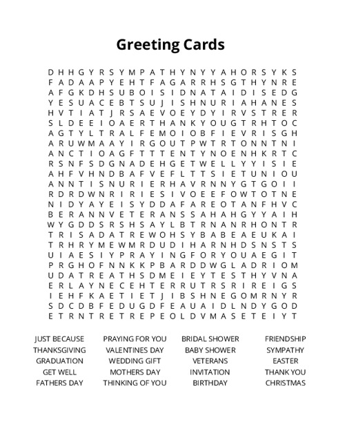 Greeting Cards Word Search Puzzle