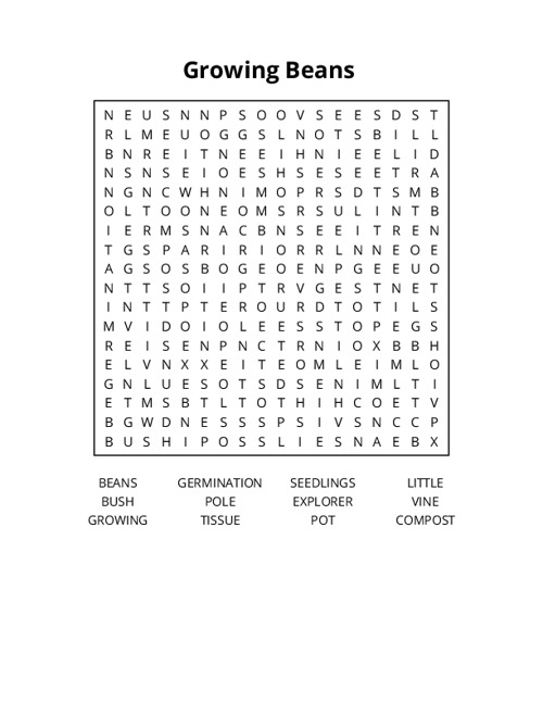 Growing Beans  Word Search Puzzle