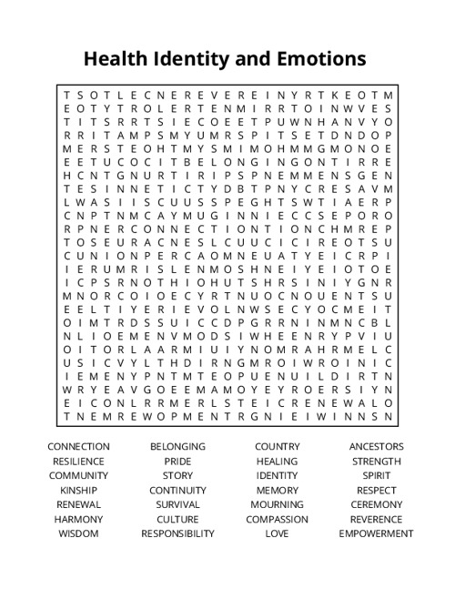 Health Identity and Emotions  Word Search Puzzle