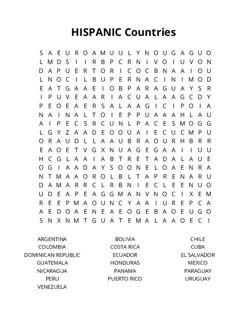 HISPANIC Countries  Word Search Puzzle