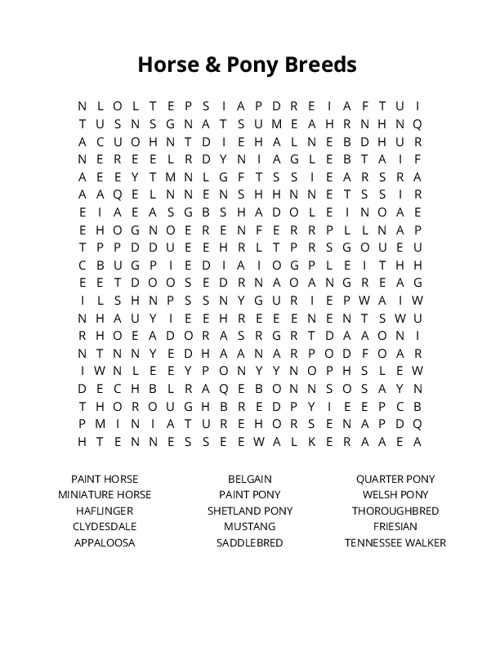 Horse & Pony Breeds Word Search Puzzle