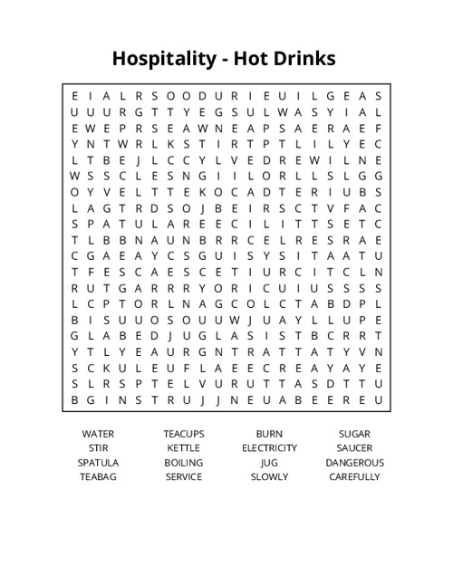 Hospitality - Hot Drinks  Word Search Puzzle