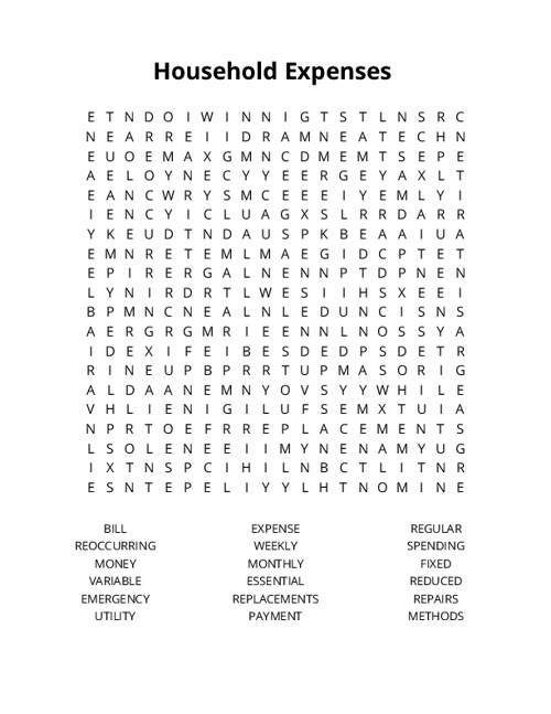 Household Expenses Word Search Puzzle