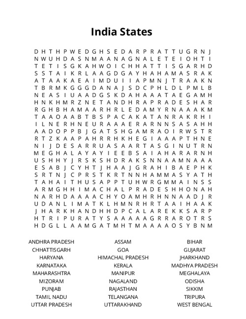 India States Crossword Puzzle