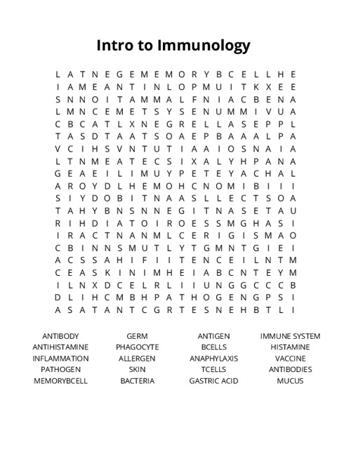 Intro to Immunology  Word Search Puzzle