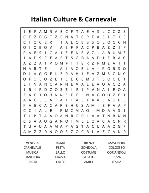 Italian Culture & Carnevale Crossword Puzzle