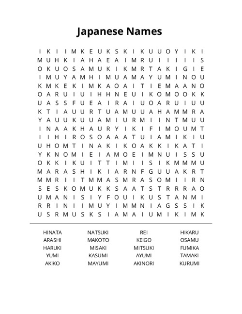 Japanese Names Word Search Puzzle