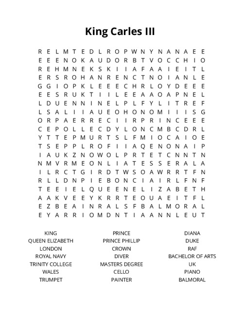 King Carles III Word Search Puzzle