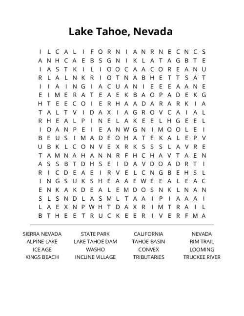 Lake Tahoe, Nevada  Word Search Puzzle