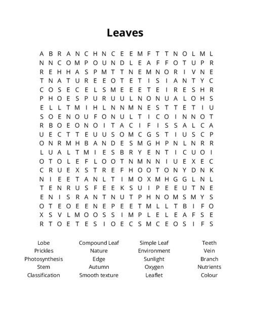 Leaves Word Search Puzzle