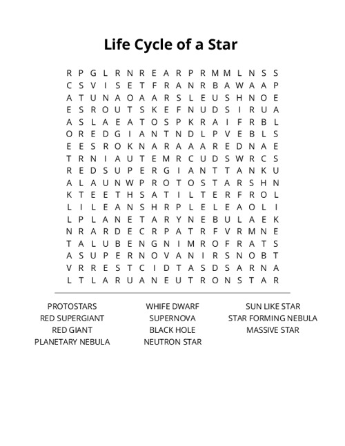 Life Cycle of a Star Crossword Puzzle