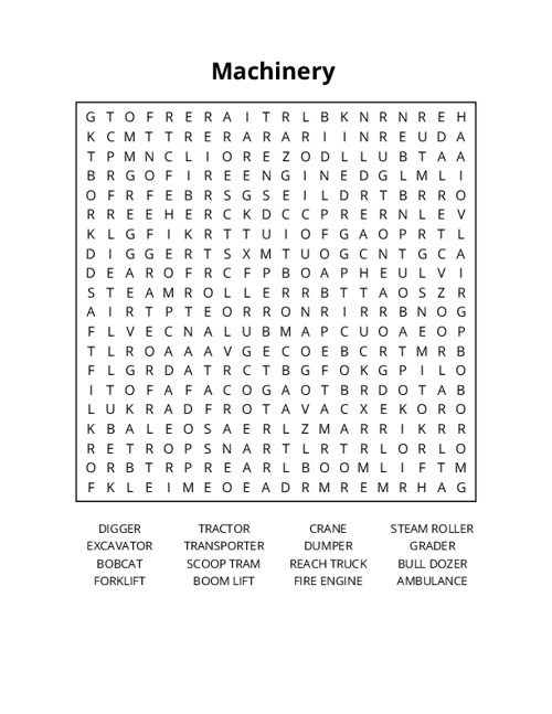 Machinery Word Search Puzzle