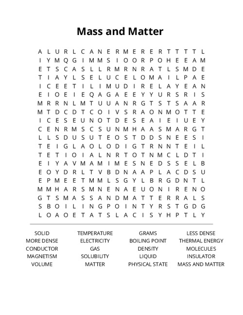 Mass and Matter Word Search Puzzle