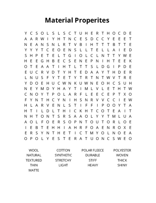 Material Properites  Word Search Puzzle