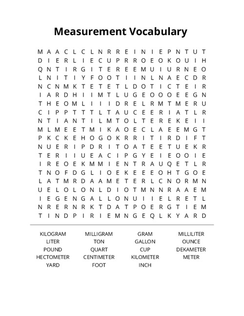 Measurement Vocabulary Word Search Puzzle