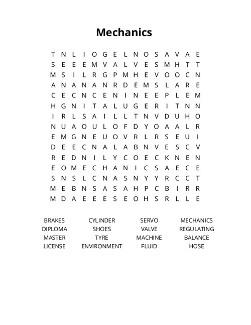 Mechanics Word Search Puzzle