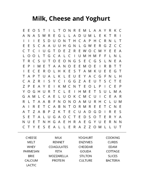 Milk, Cheese and Yoghurt Word Search Puzzle
