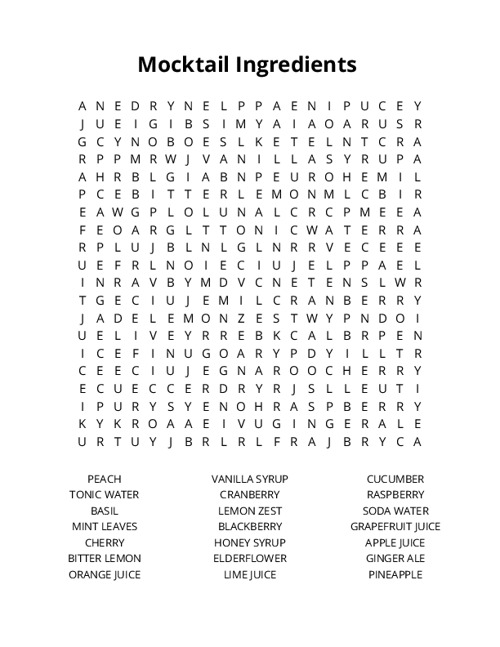 Mocktail Ingredients  Word Search Puzzle