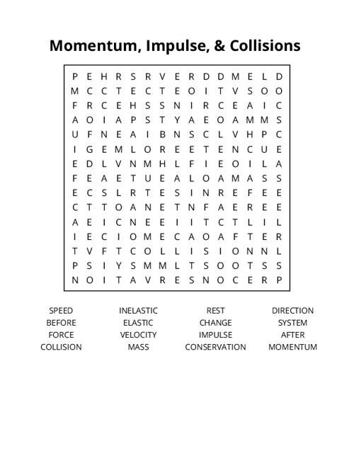 Momentum, Impulse, & Collisions Word Search Puzzle