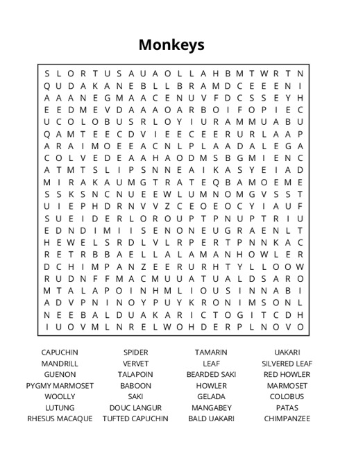 Monkeys  Word Search Puzzle