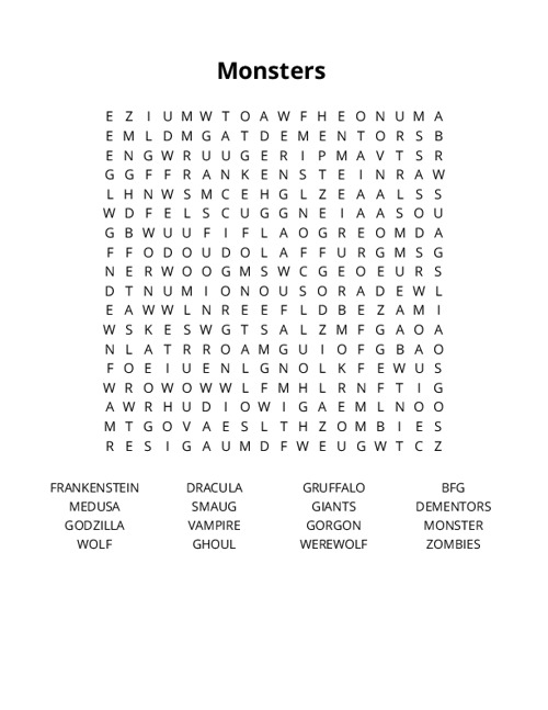 Monsters Word Search Puzzle