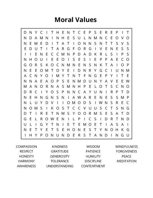 Moral Values Word Search Puzzle