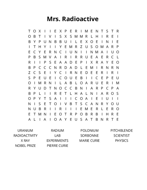 Mrs. Radioactive  Word Search Puzzle