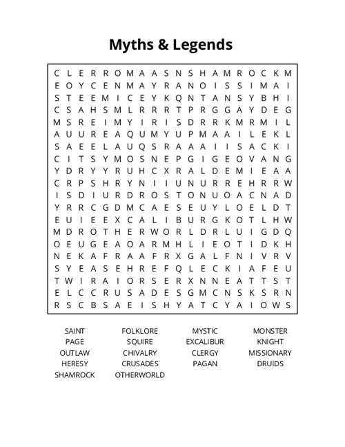 Myths & Legends Word Search Puzzle
