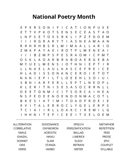 National Poetry Month Crossword Puzzle