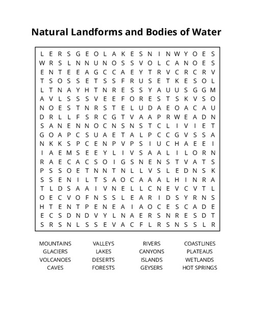Natural Landforms and Bodies of Water Crossword Puzzle