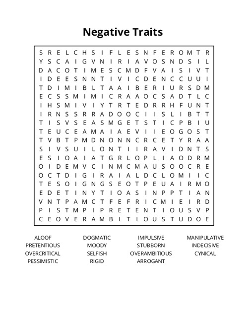 Negative Traits Crossword Puzzle