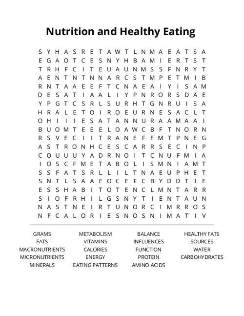 Nutrition and Healthy Eating  Word Search Puzzle