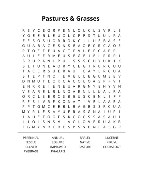 Pastures & Grasses Word Search Puzzle