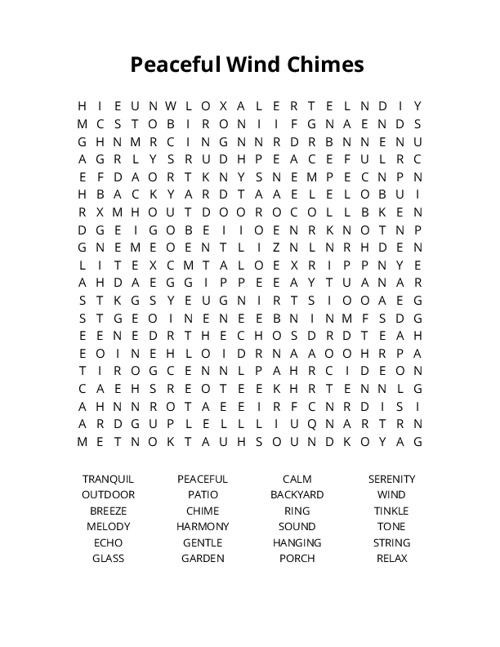 Peaceful Wind Chimes  Word Search Puzzle